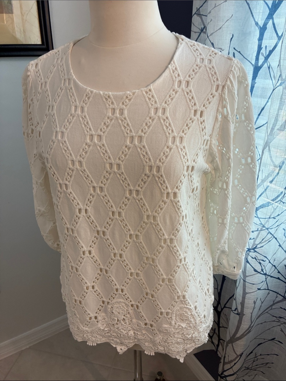 Karl Lagerfeld Cream Crochet Lace Sleeve Blouse